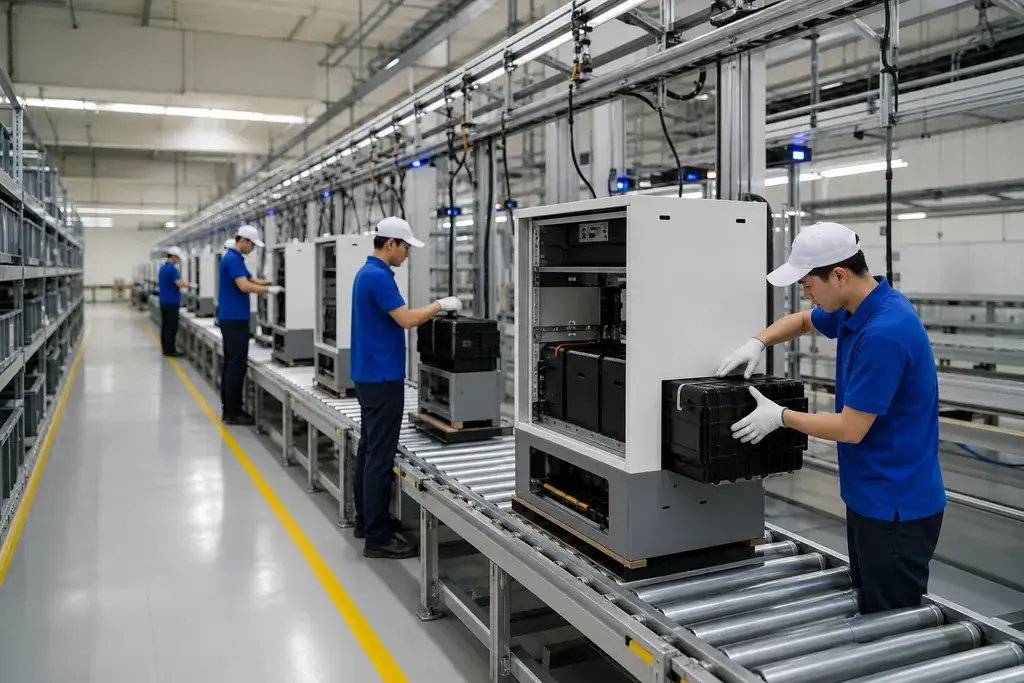 Mass production &mdash; battery modules fitted into cabinets on the assembly line