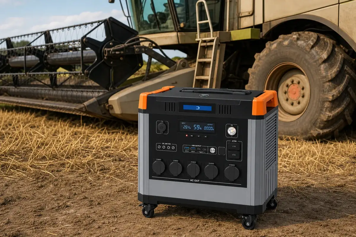 Portable power station in a field beside a combine harvester