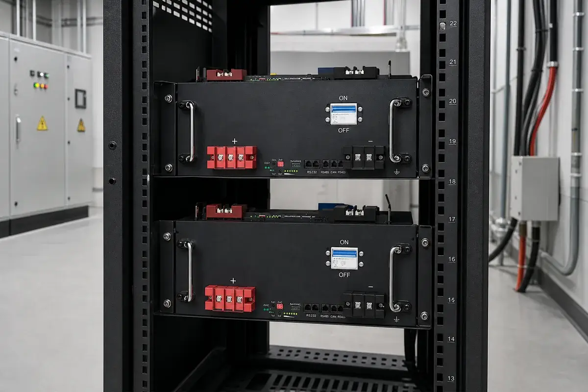 Rack-mount battery modules installed in a commercial plant room