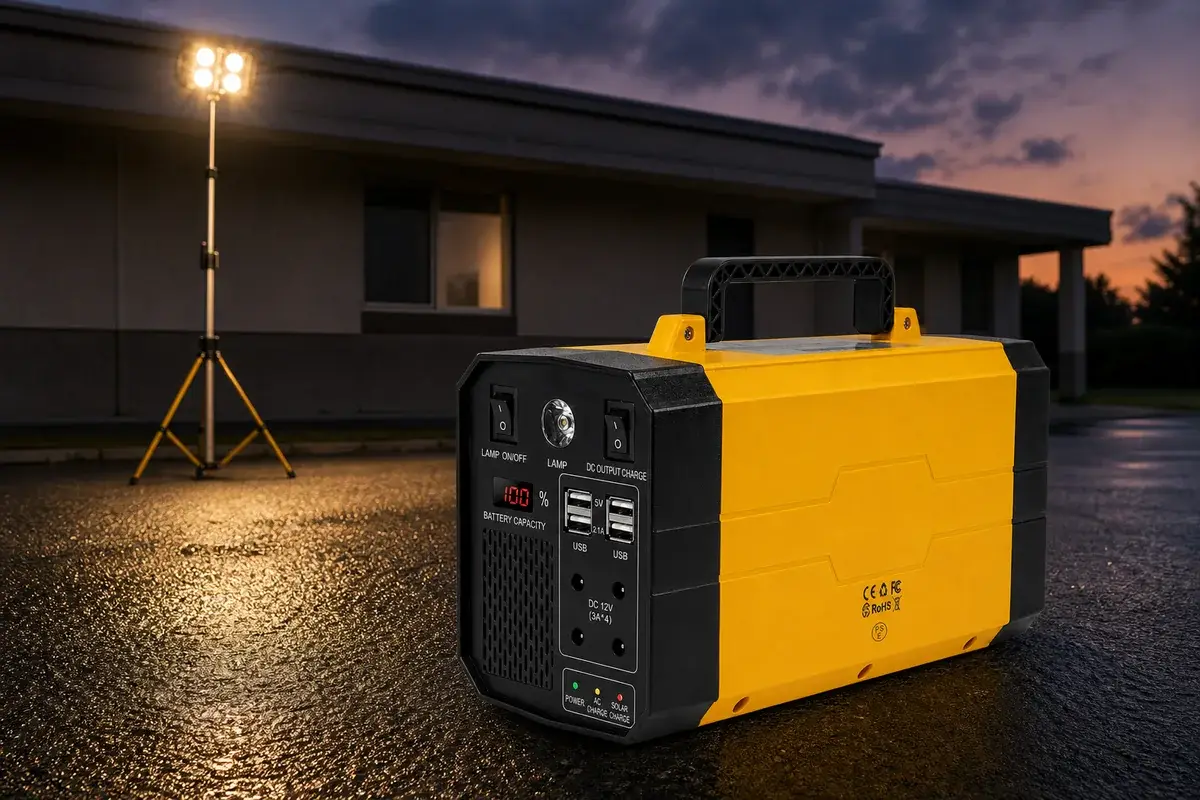 Portable power station on wet asphalt at dusk lit by a floodlight