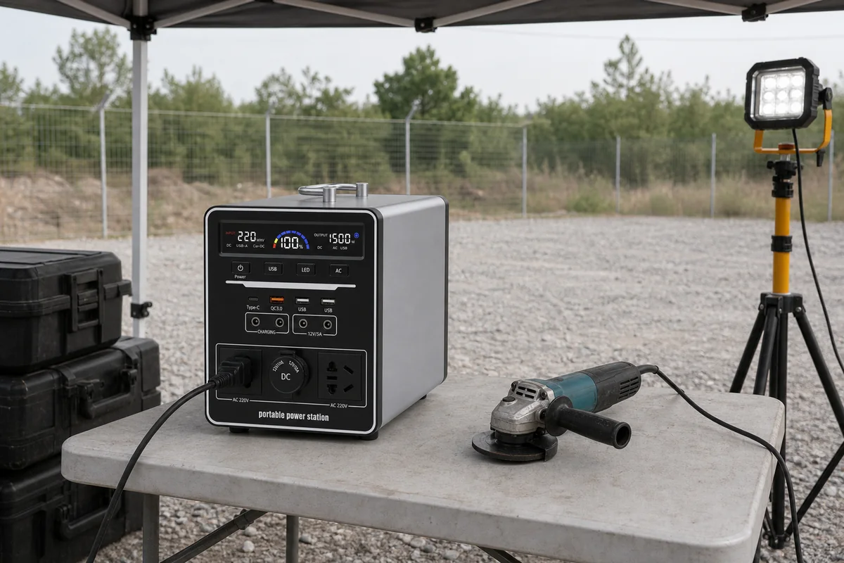 Portable power station powering tools and a work light at a field work camp