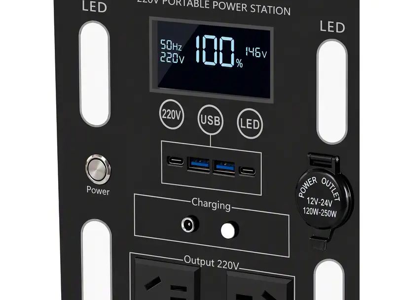 Ruihan power station front panel detail showing LCD readout, 220V USB LED buttons, Type-C and USB ports, charging sockets, universal AC outlets and DC knob