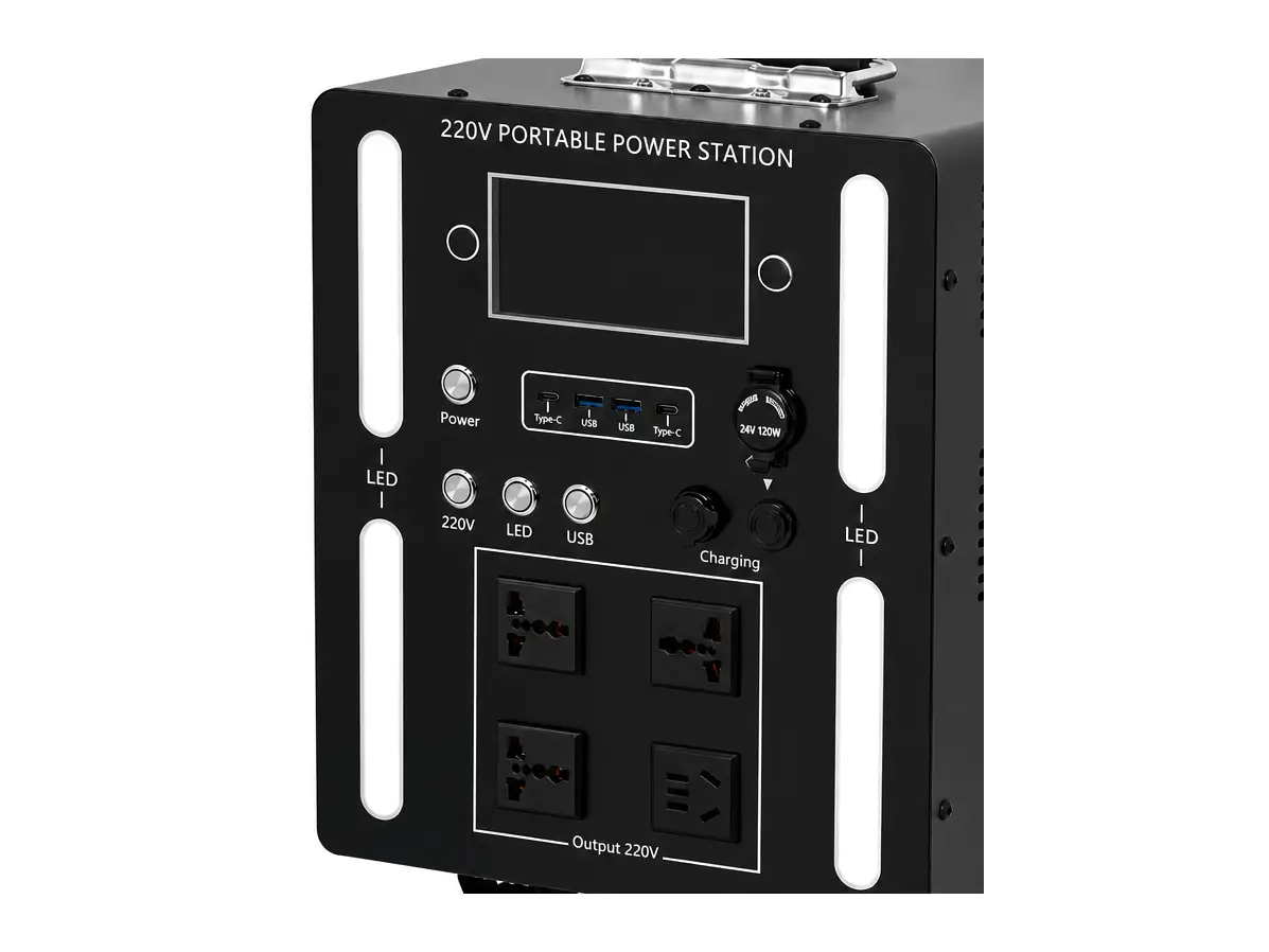 Ruihan power station cart front panel detail showing LCD area, Power button, Type-C and USB ports, 24V/120W knob, charging sockets and four universal AC outlets