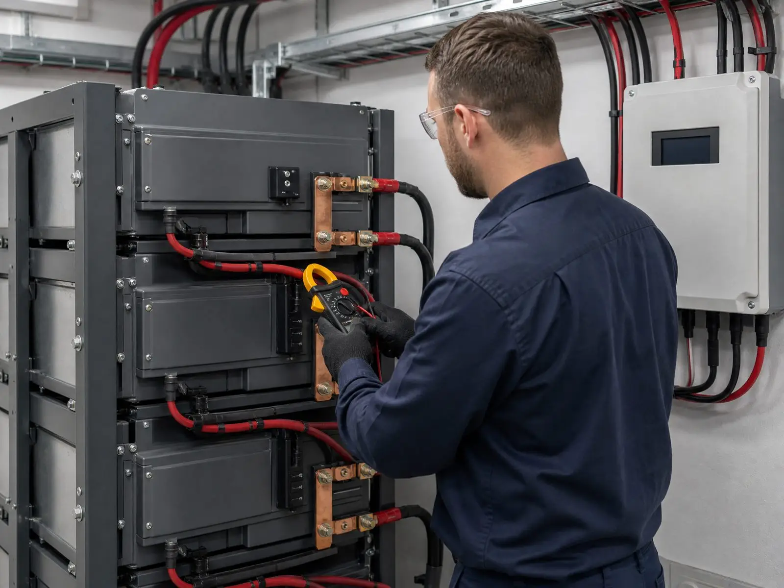 Technician checking DC terminals with a clamp meter on stacked lithium battery cabinets in a commercial battery room