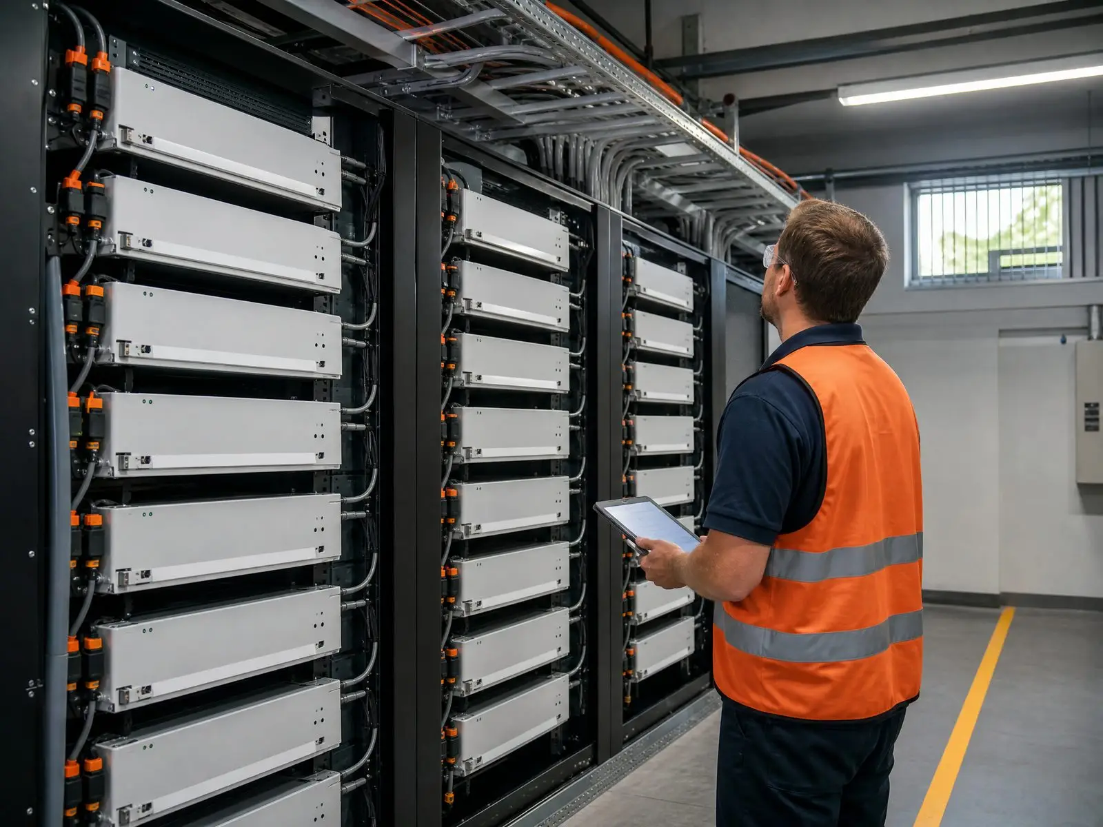 Technician commissioning rack-mounted LiFePO4 solar battery modules in a commercial energy storage room