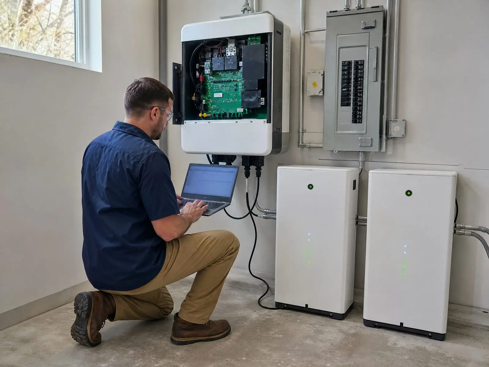 Technician commissioning a wall-mounted hybrid inverter with a laptop beside two LiFePO4 battery cabinets in a utility room