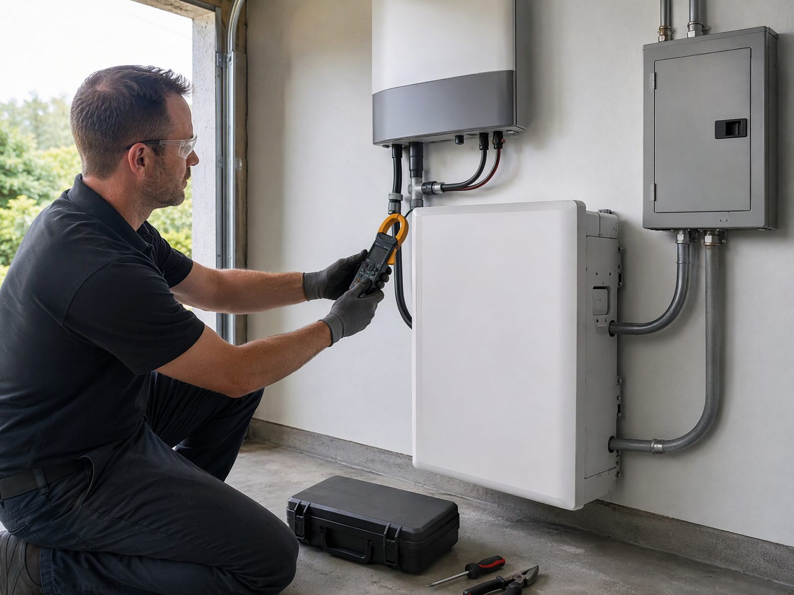 Installer using a clamp meter to commission a wall-mounted solar battery retrofit in a garage