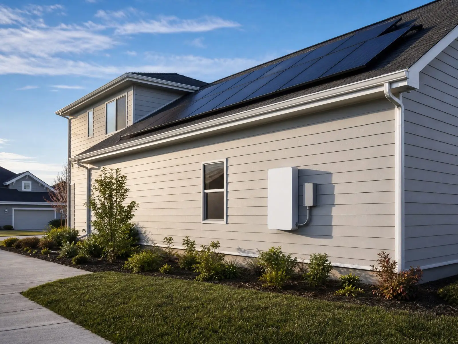 Rooftop solar array and a white wall-mounted home battery on a two-storey U.S. house