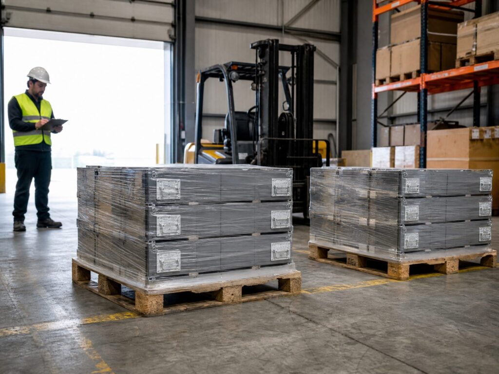 Palletized lithium battery modules staged in a warehouse ahead of a commercial storage installation