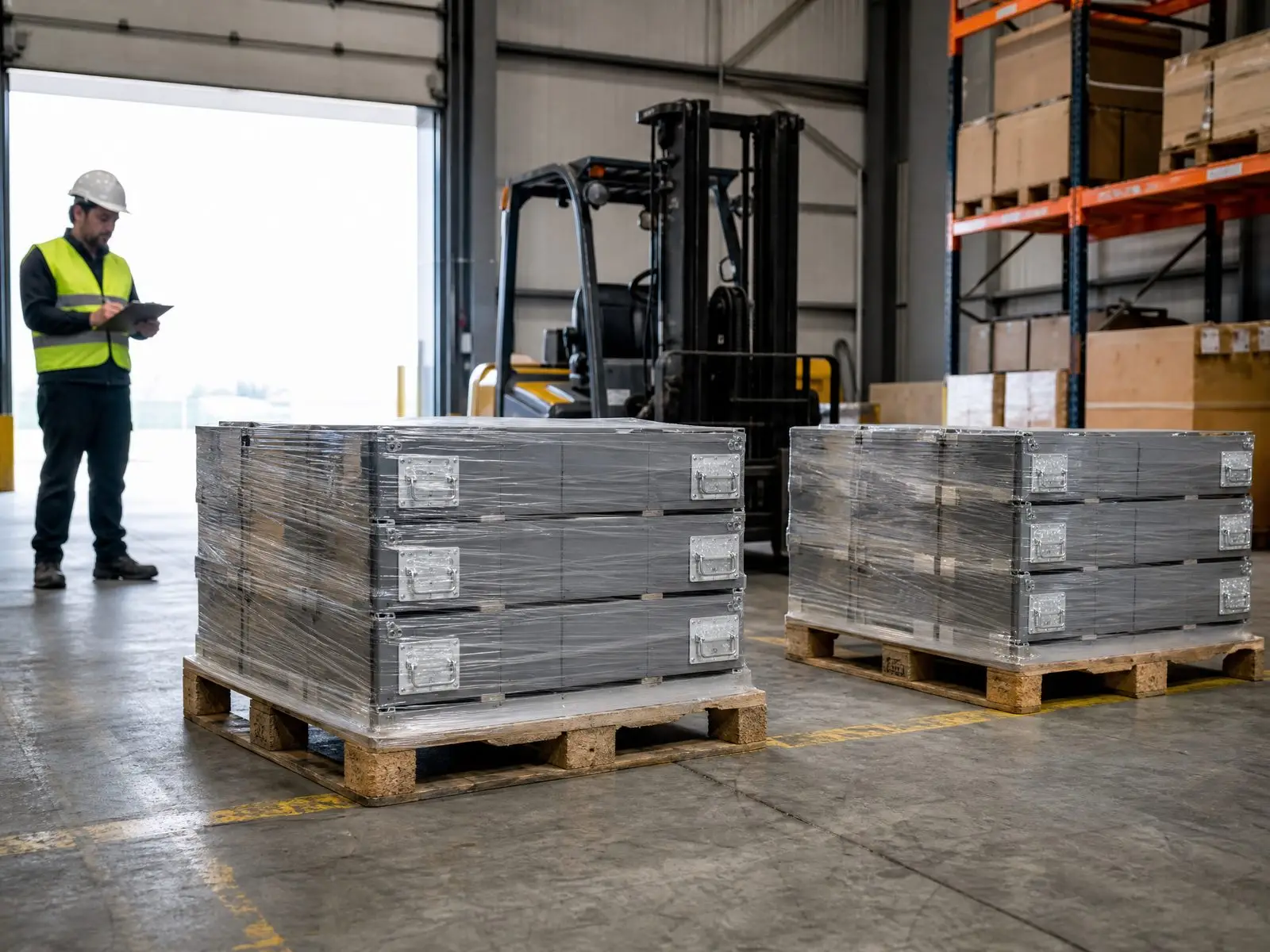 Palletized lithium battery modules staged in a warehouse ahead of a commercial storage installation