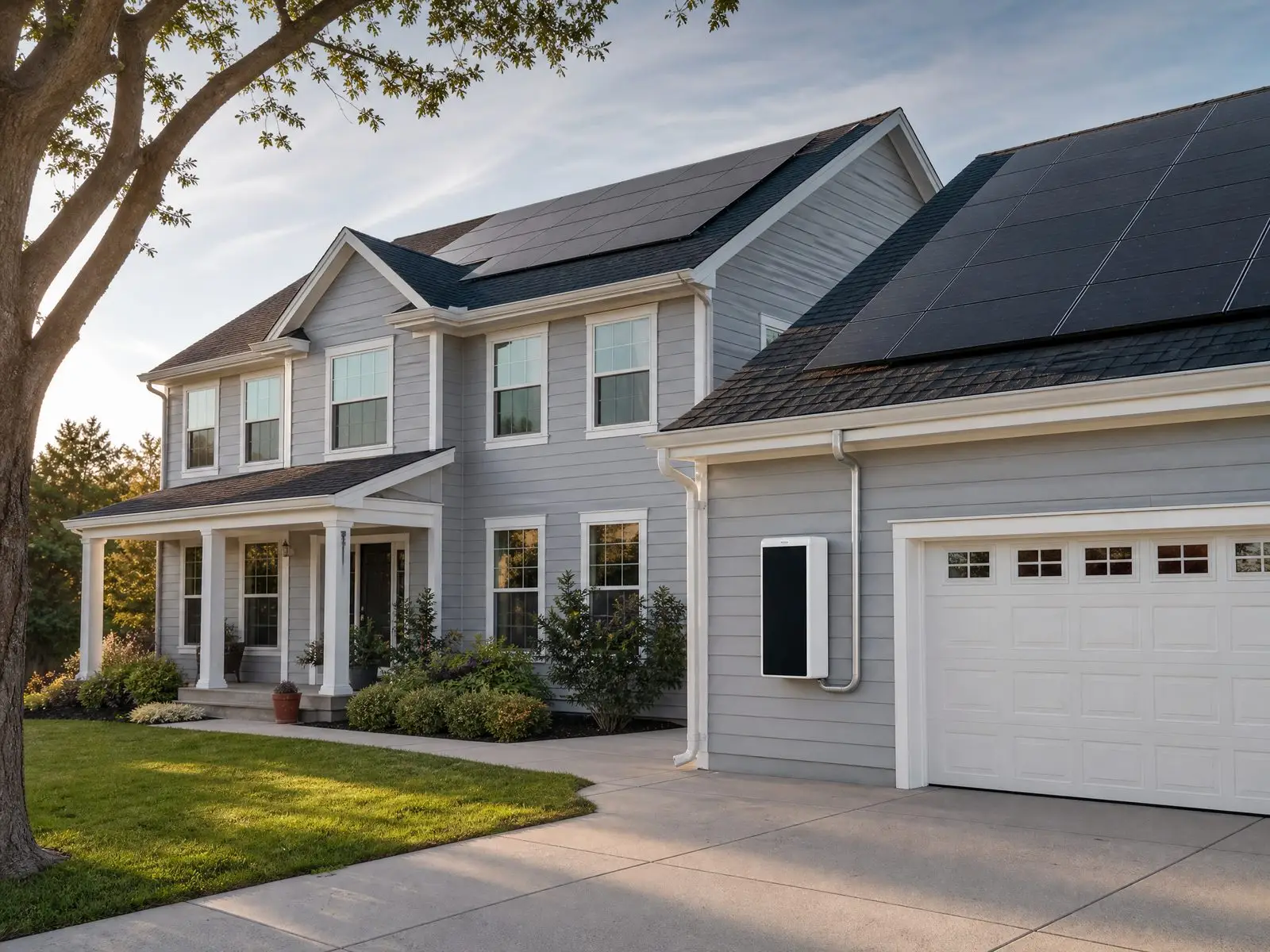 Home with rooftop solar panels and a wall-mounted solar battery on the garage wall