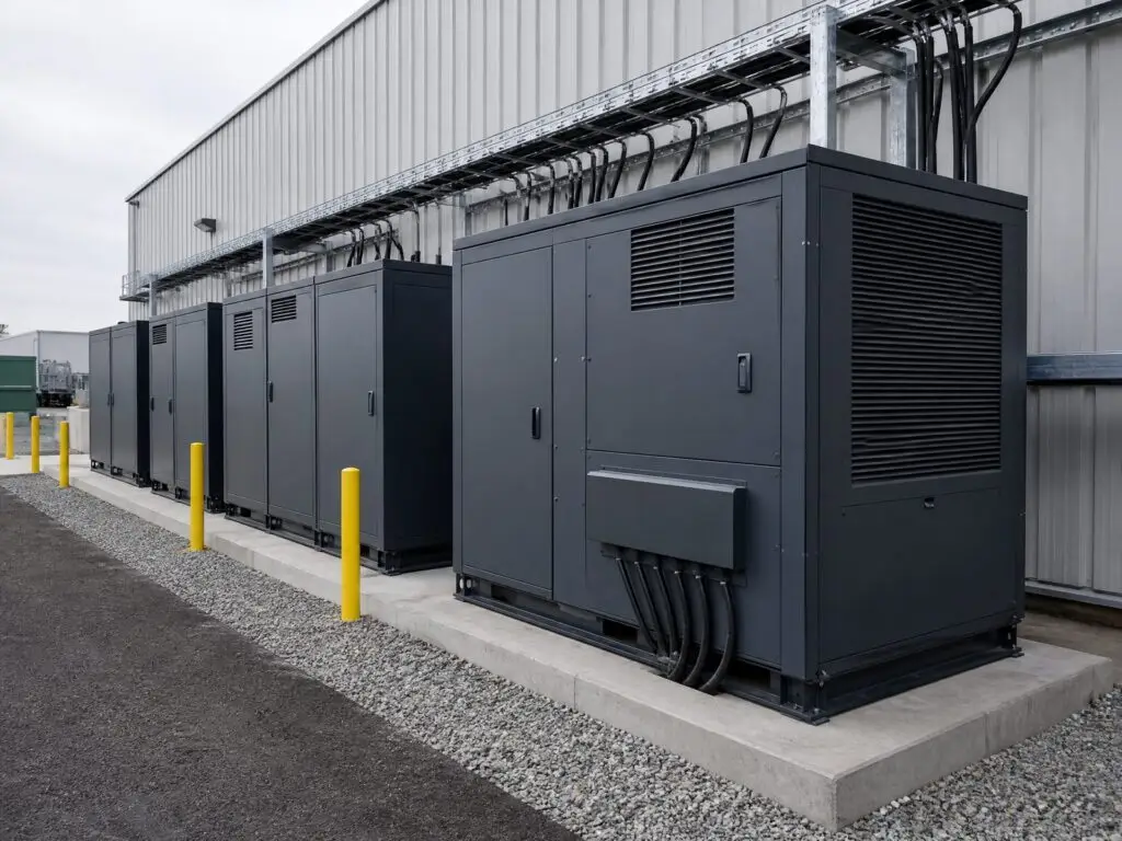Row of outdoor commercial battery storage cabinets on a concrete pad beside a warehouse with cable trays and bollards