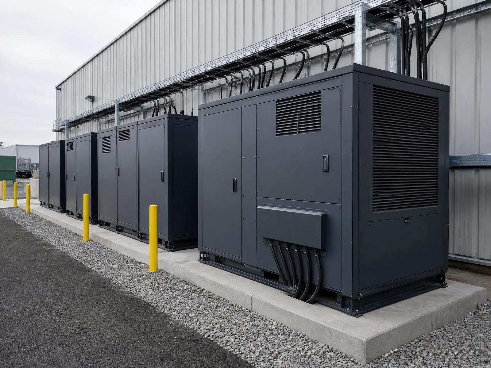 Row of outdoor commercial battery storage cabinets on a concrete pad beside a warehouse with cable trays and bollards