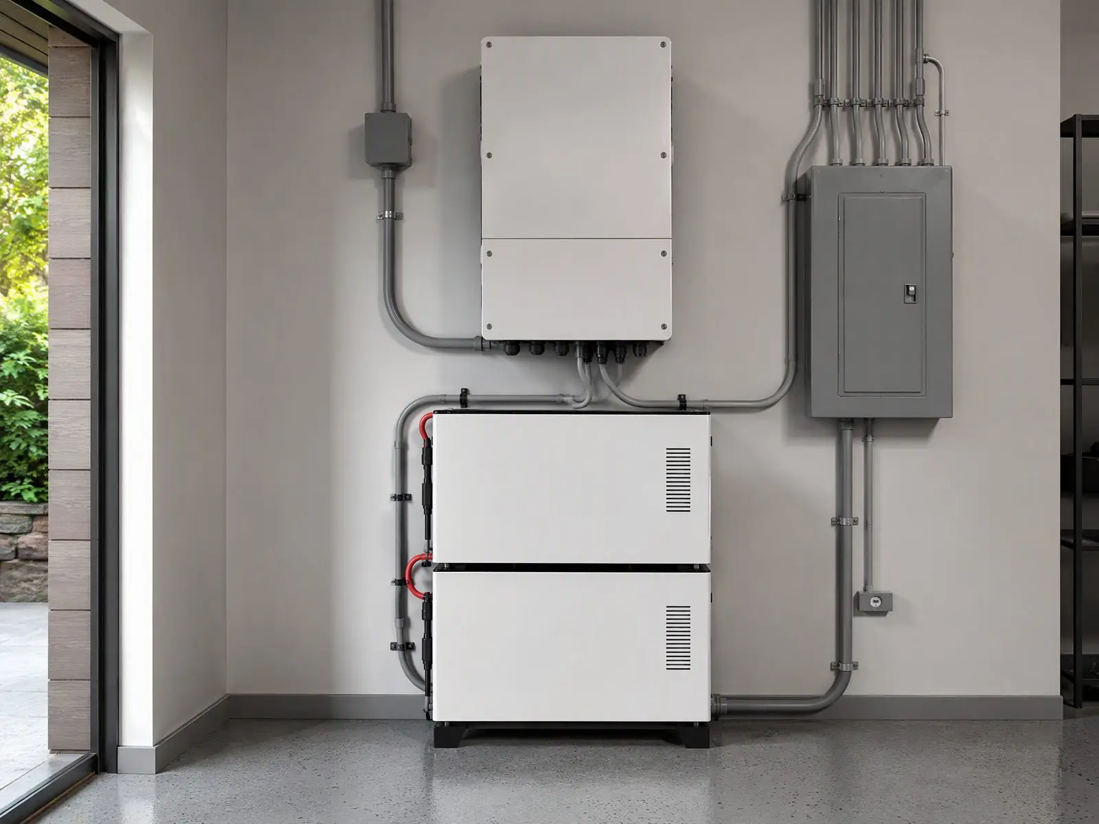 Stacked LiFePO4 home battery cabinets and hybrid inverter in a residential utility room
