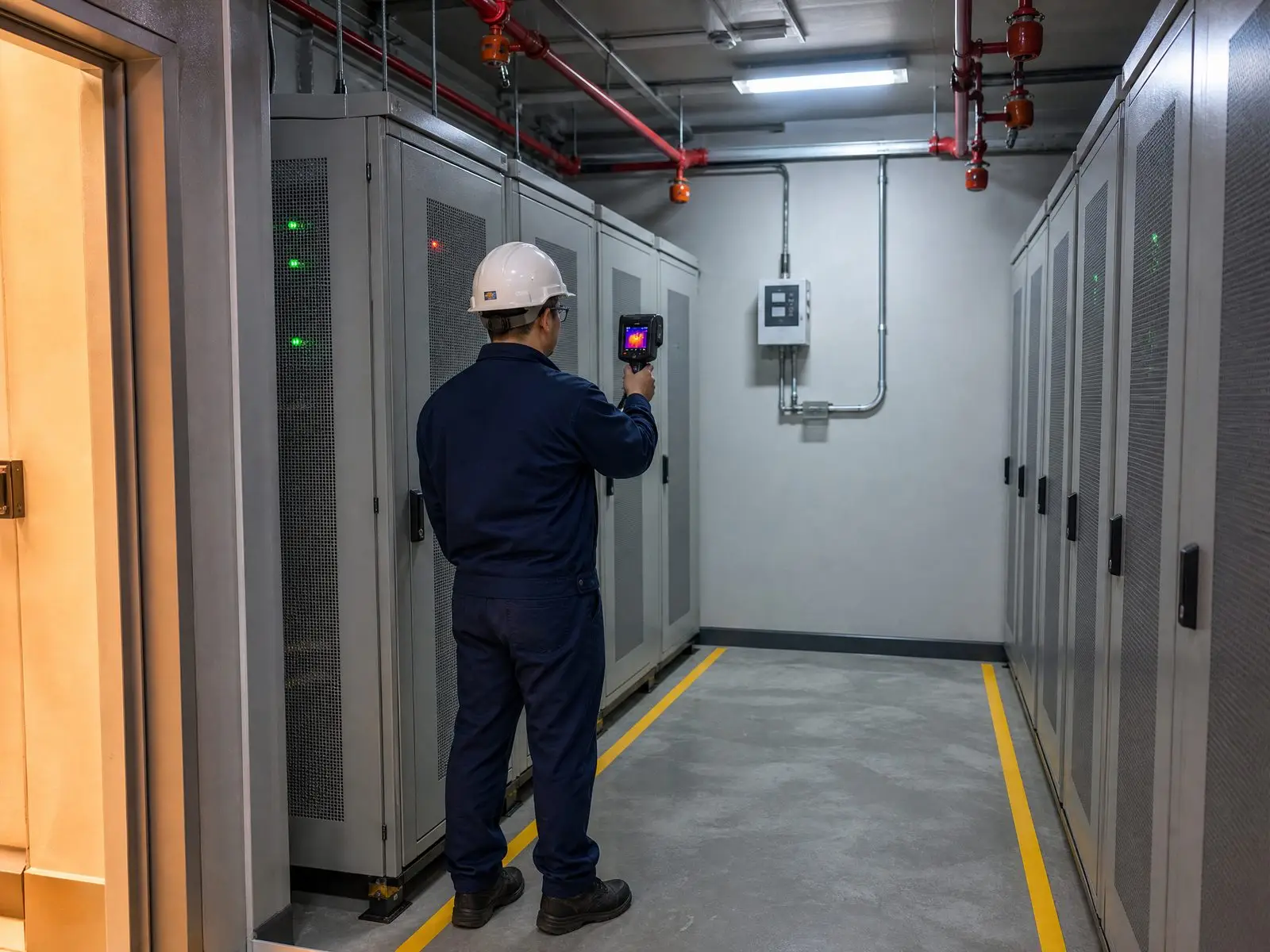 Technician checking battery cabinets with a thermal camera in an indoor storage room with fire suppression piping