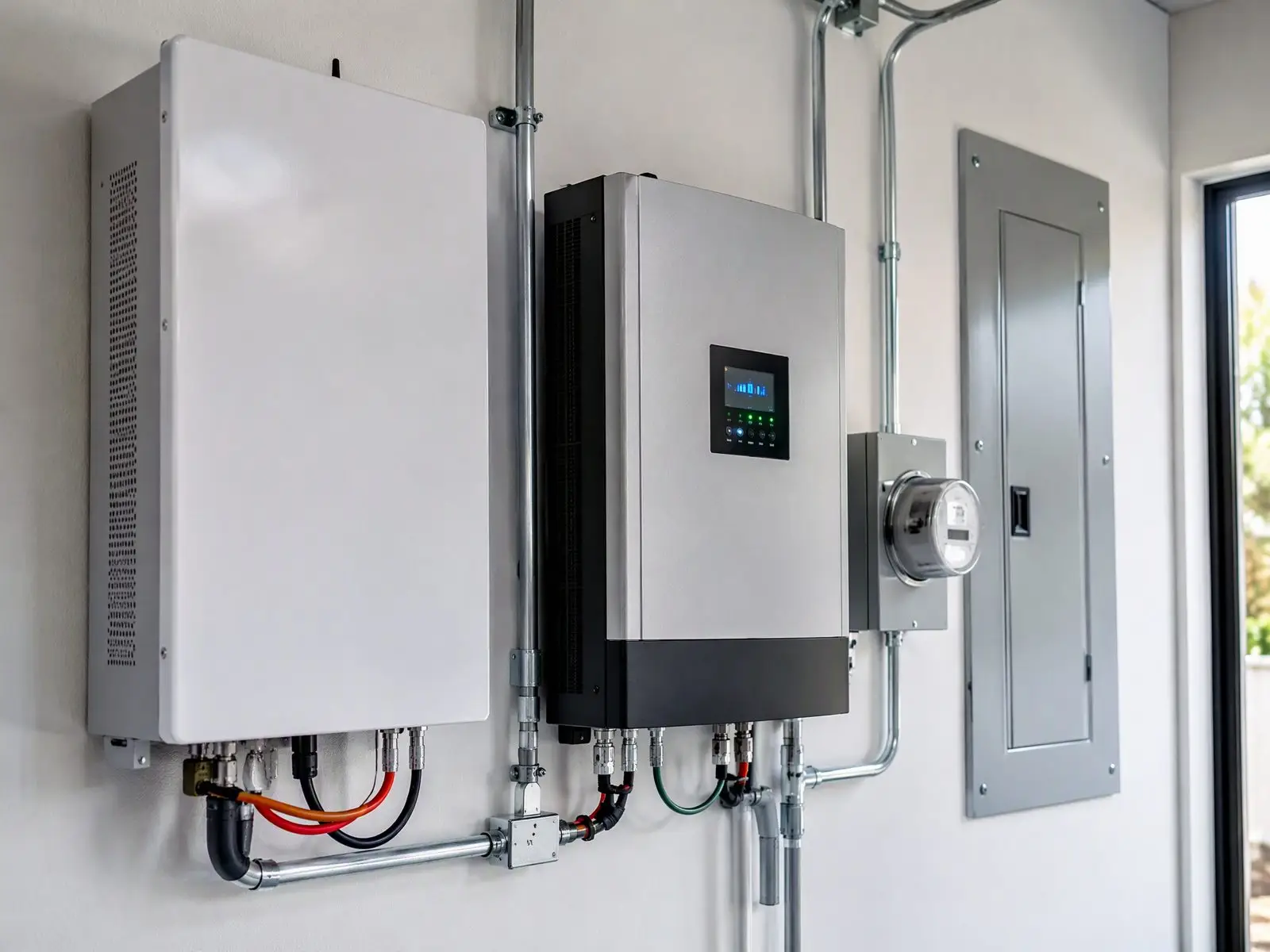Wall-mounted LiFePO4 home battery and hybrid solar inverter in a residential utility room
