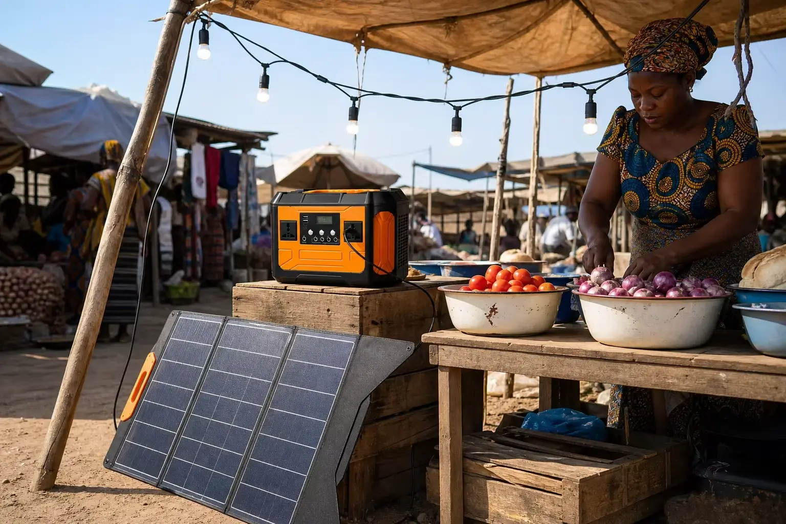 Ruihan C901 power station charged by a solar panel at a market stall