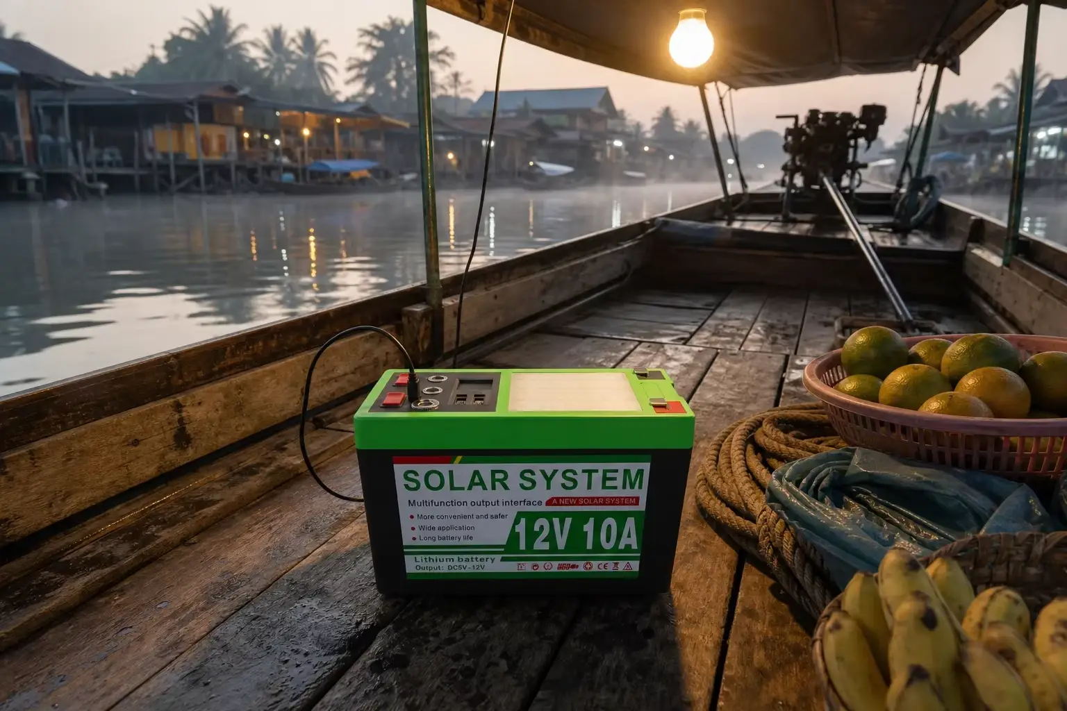 Ruihan C802 12V power station on a floating market boat at dawn
