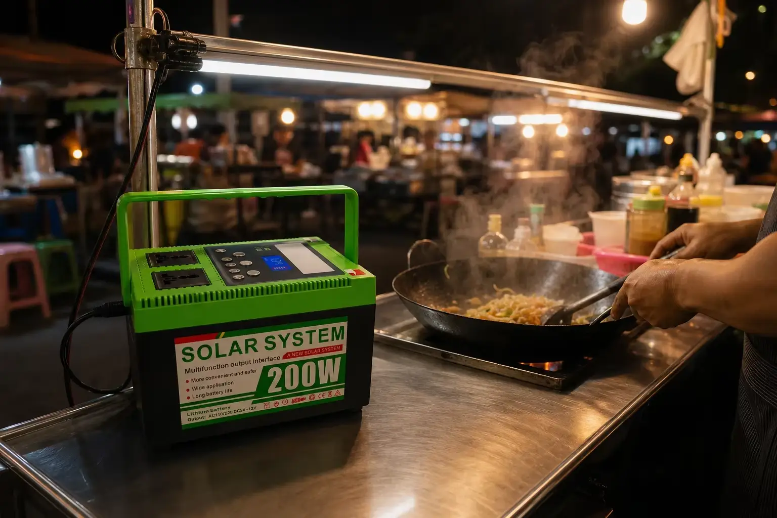 Ruihan C804 portable power station on a night market food cart