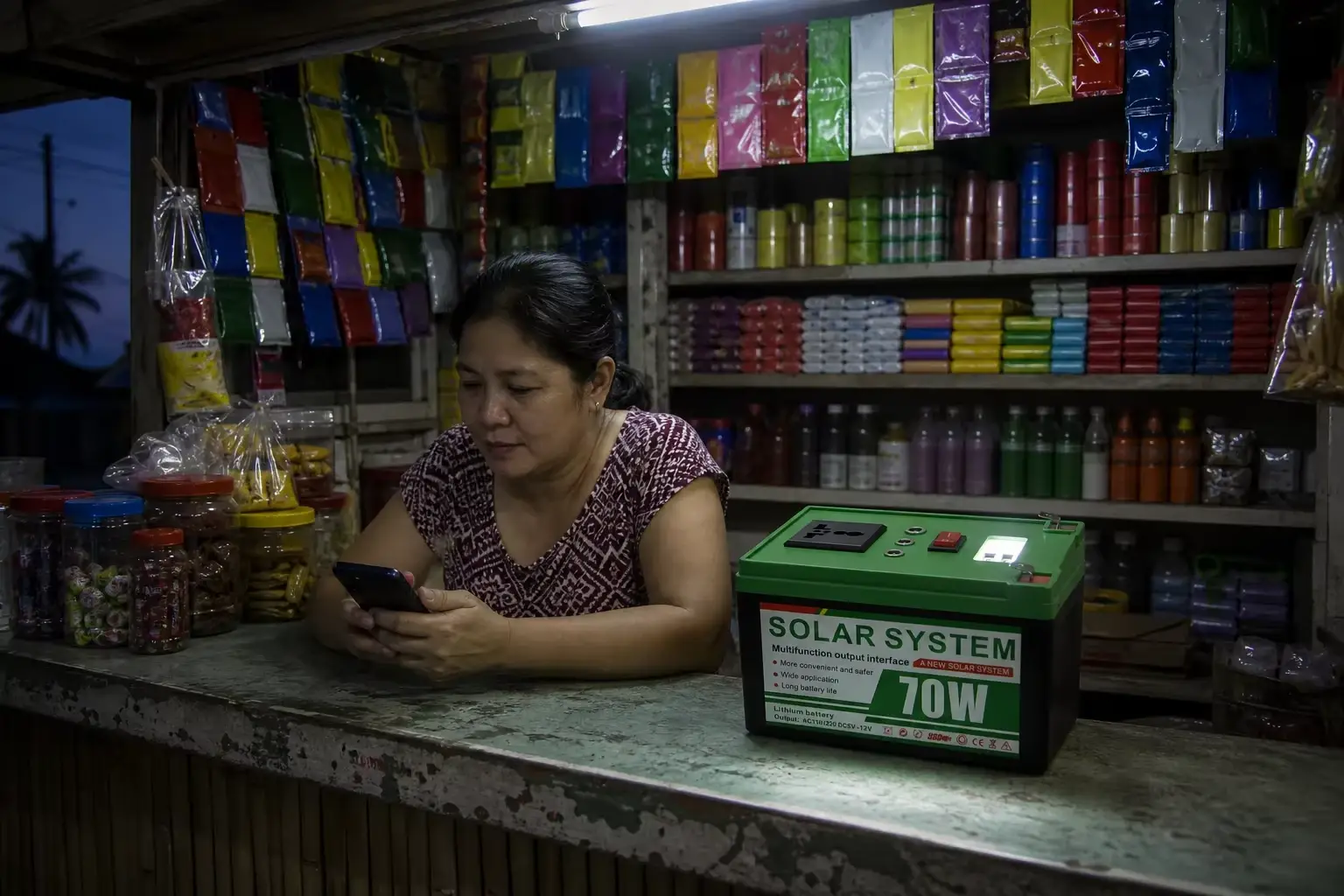 Ruihan C701 power station lighting a sari-sari store counter