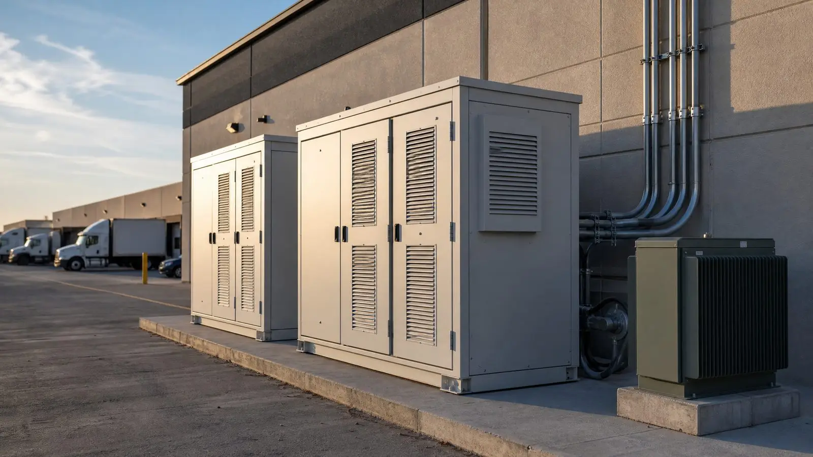 Outdoor commercial battery storage cabinets and a pad-mounted transformer beside a warehouse loading dock