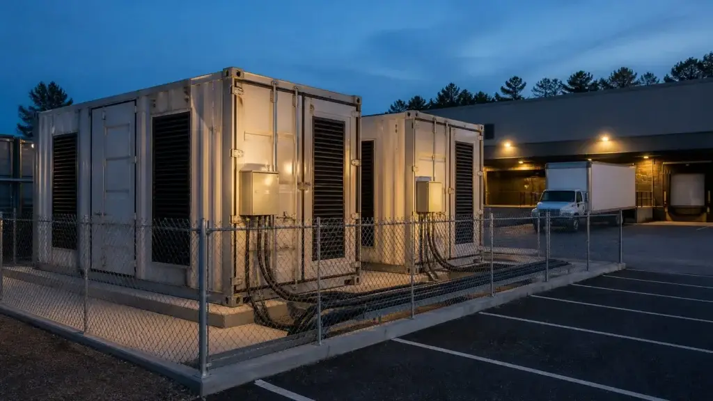 Containerized commercial battery energy storage units on concrete pads at a U.S. warehouse yard at dusk
