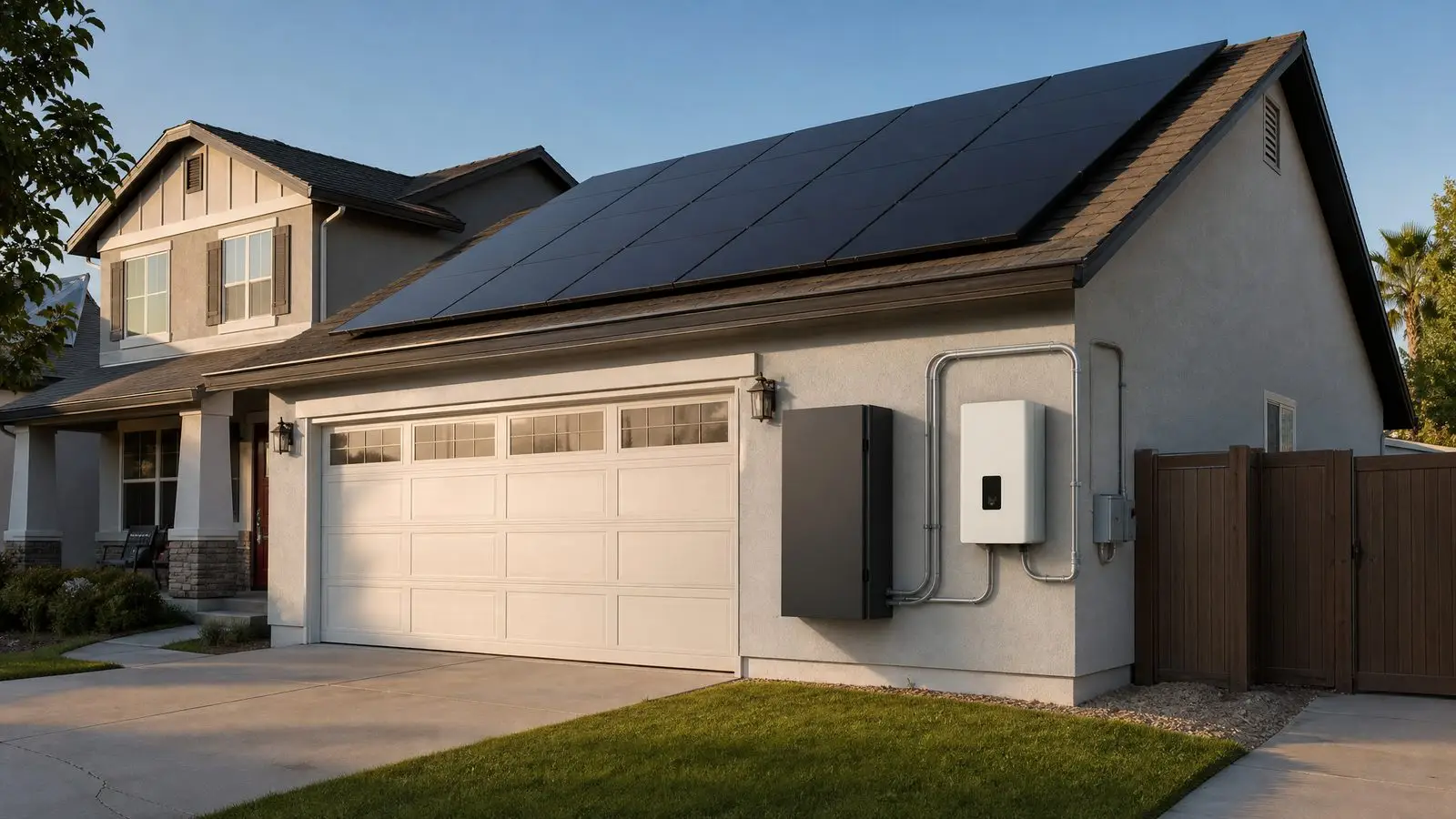 Rooftop solar array on a U.S. home with a wall-mounted lithium battery cabinet and hybrid inverter on the garage wall