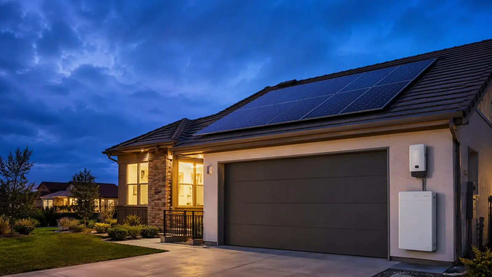 US home at dusk with rooftop solar array and wall-mounted home battery system