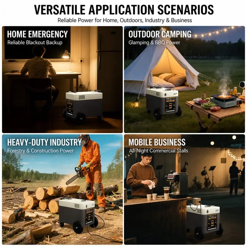 Versatile application scenarios — home emergency, outdoor camping, heavy-duty industry and mobile business