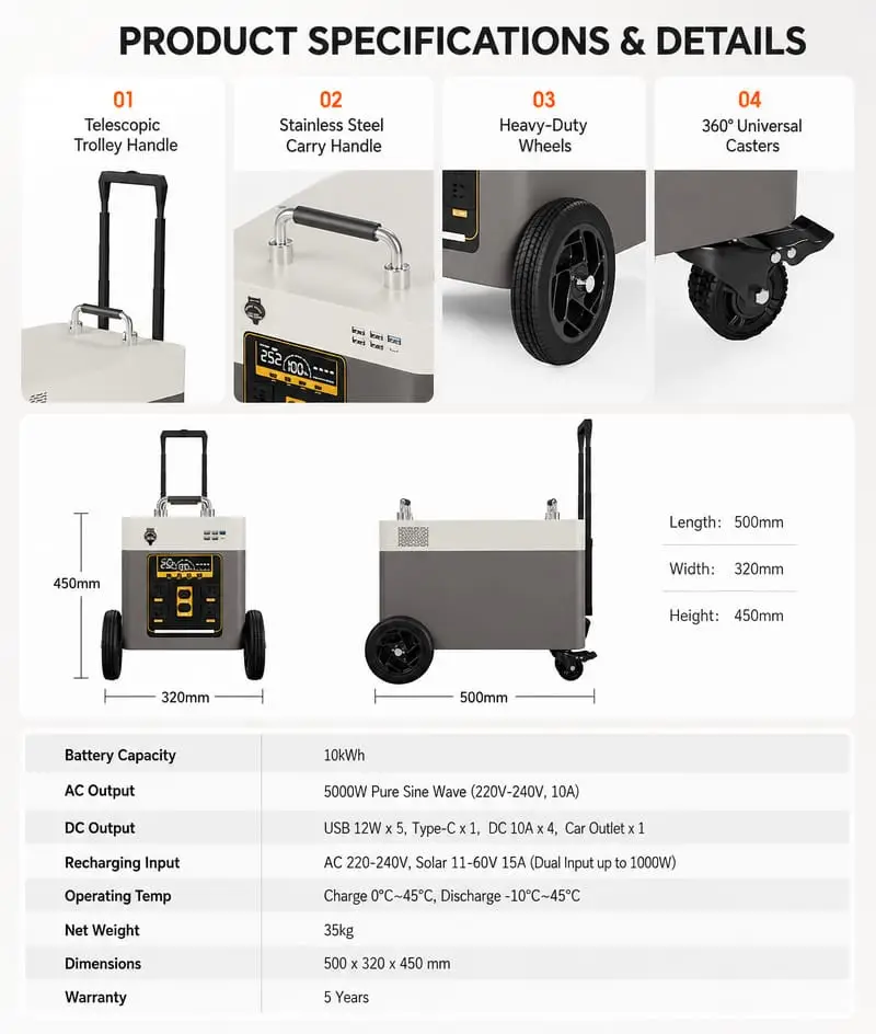 Product specifications and details of the Ruihan 10kWh power station