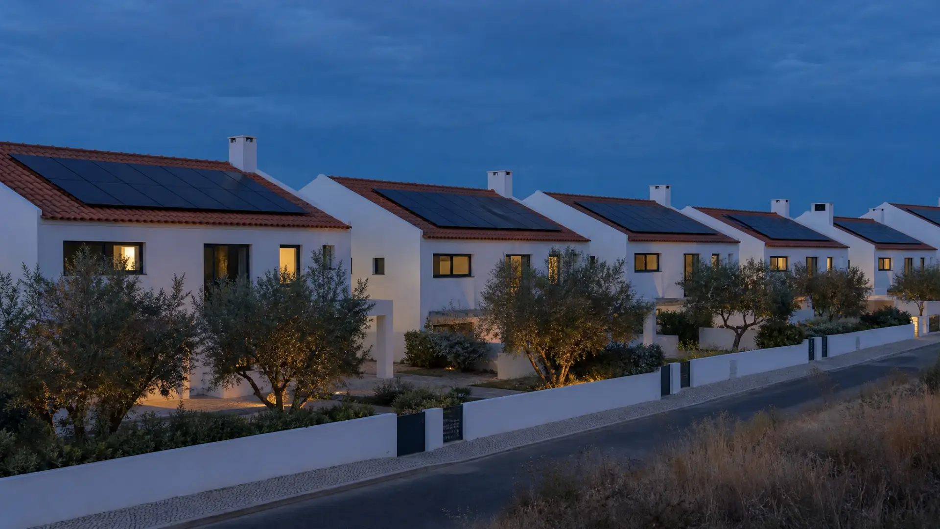 Low-rise Portuguese homes with rooftop solar arrays at dusk, interior lights on