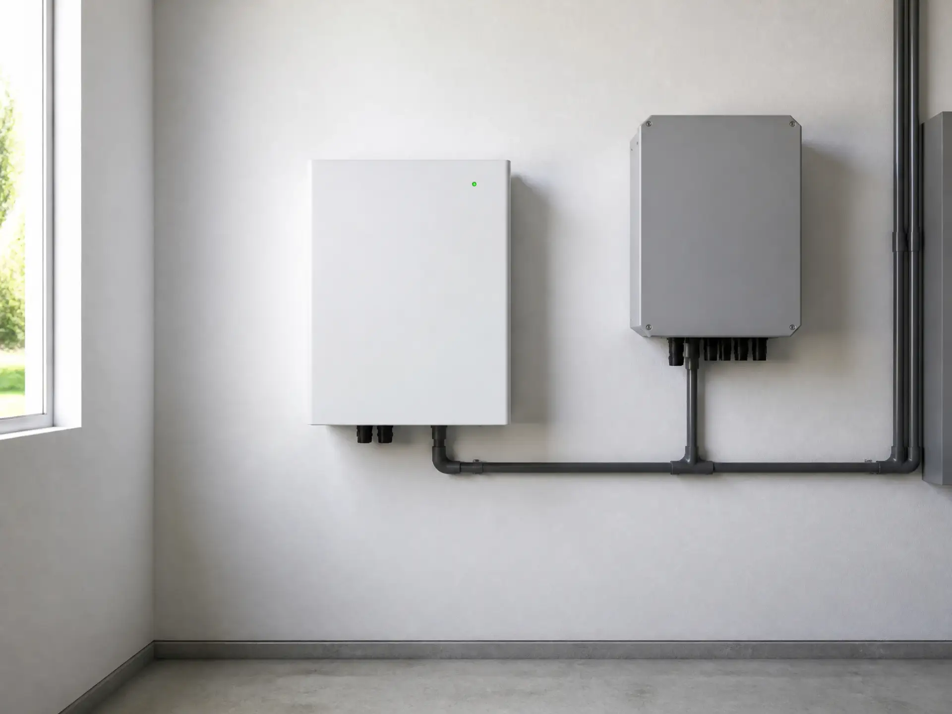 White wall-mounted LFP home battery installed beside an existing grey string inverter with tidy cable trunking