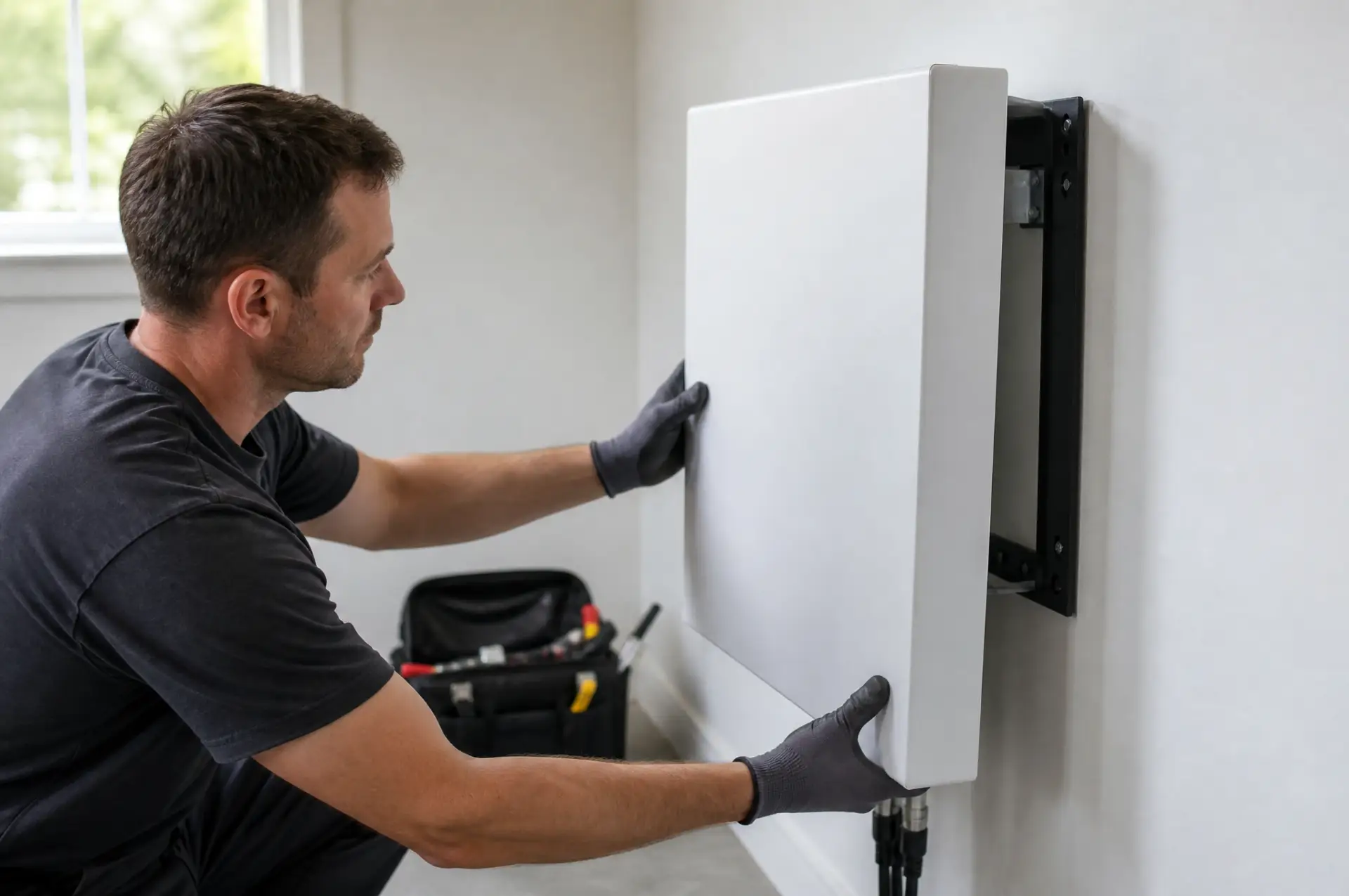 Technician mounting a slim white wall-mounted battery onto a steel bracket in a utility room