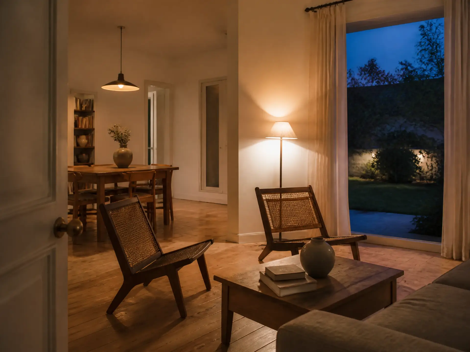 Warmly lit Portuguese home interior at dusk with lamps on and deep blue evening light through the window